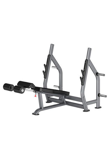 A gray, adjustable Insight Fitness Decline Olympic Bench - DR006 with chromed bar holders and an open frame design, featuring leg stabilization and integrated weight-storage horns.
